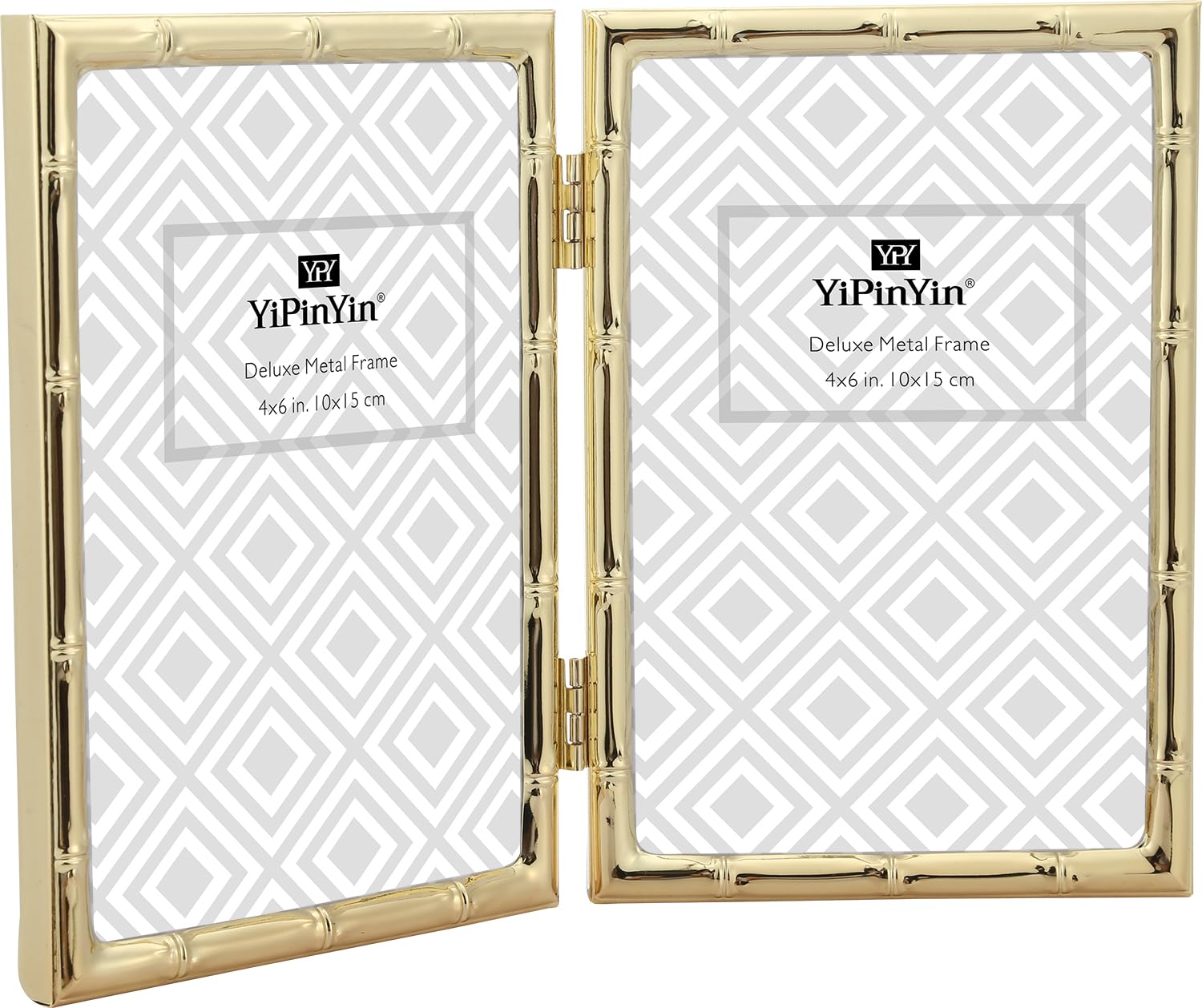 4x6'' Bamboo Detail Double Photo Frames, Gold Metal Picture 6x4'' Double, Elegant Gold Thin Edge Photo Frames 4 x 6'' With Soft Touch Velvet Backing and Real Glass for Desktop