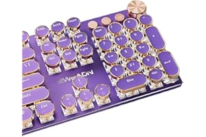 TISHLED Typewriter Style Mechanical Gaming Keyboard White LED Backlit 104-Key NKRO Pink Switches Retro Round Keycaps Golden Ring Volume Knob Metal Panel Wired USB-C Detachable Cable, Purple