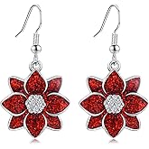 Poinsettia Christmas Flower Dangle Earrings Silver Plated Sparkling Crystal Christmas Earrings Gifts Holiday Party Decorations with Message Card & Velvet Bag