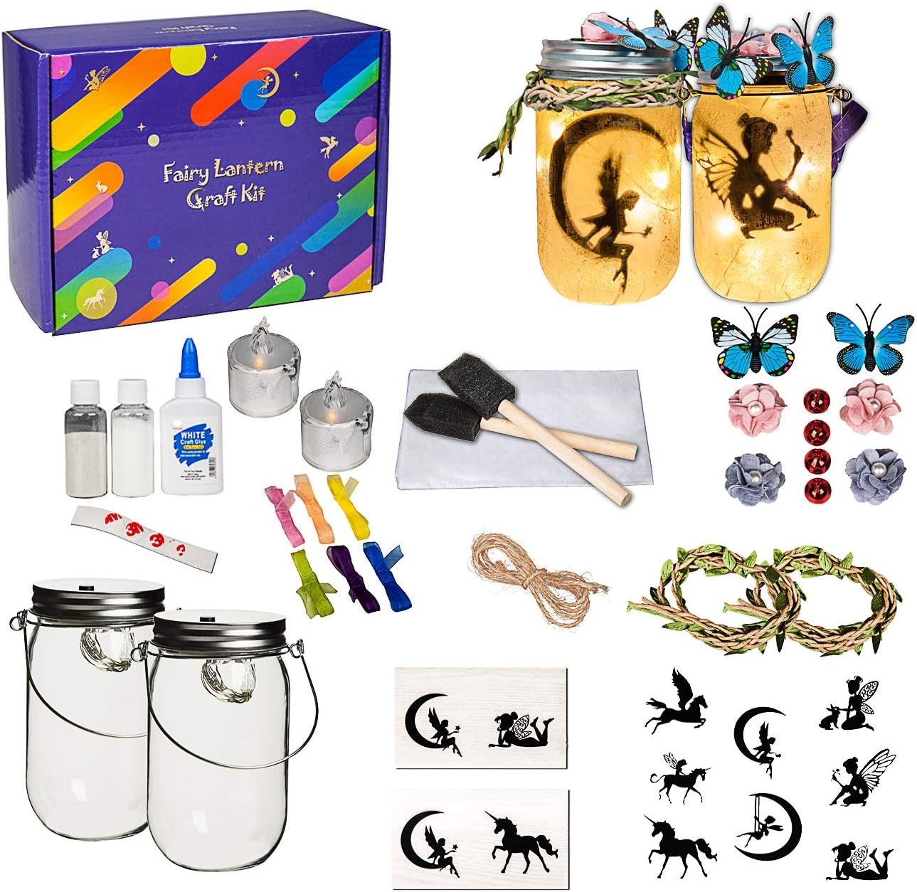 ANGMLN Fairy and Unicorn Night Light Lantern Craft Kit, DIY Make Your Fairy Lantern Jar, Arts Crafts Idea for Girls Age 6 7 8 12 (2 Pack)