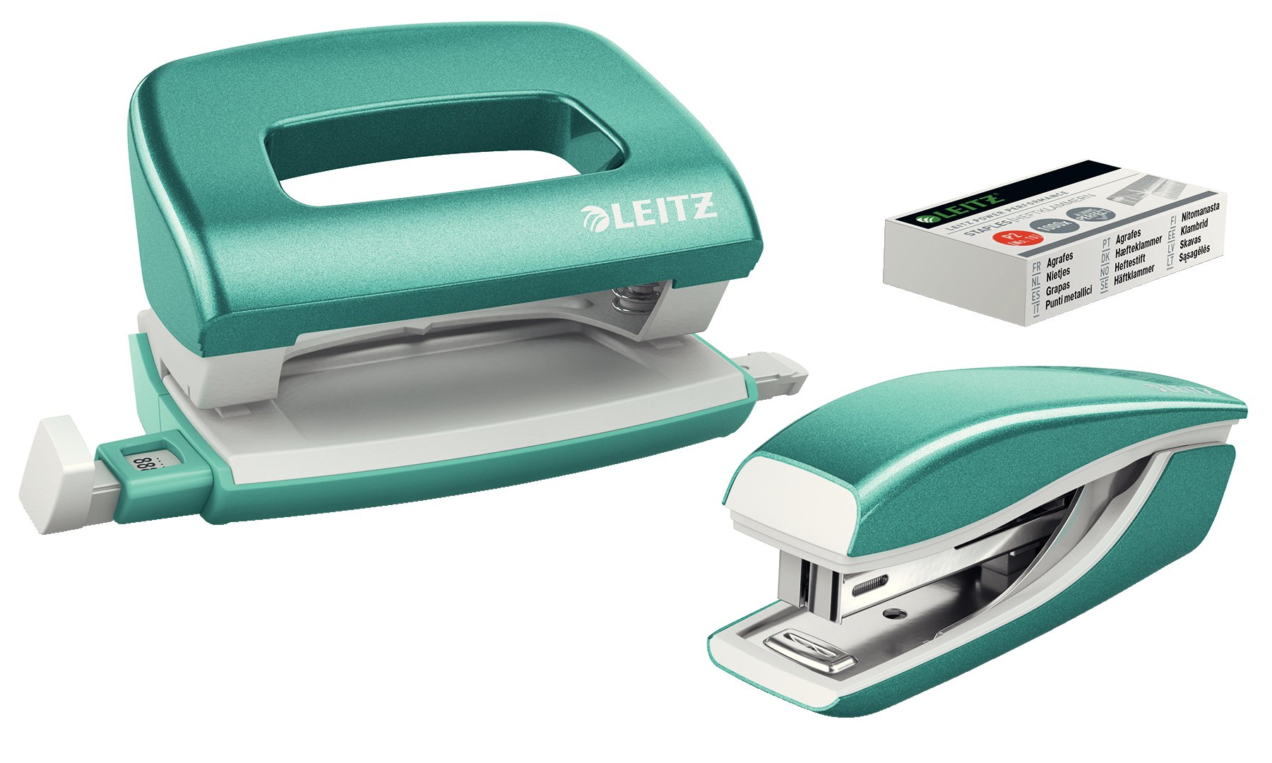 Leitz 55612051 Mini Stapler and Hole Punch Set, Staple or Punch Up to 10 Sheets, Includes P2 N°10 Staples, WOW Range, Ice Blue