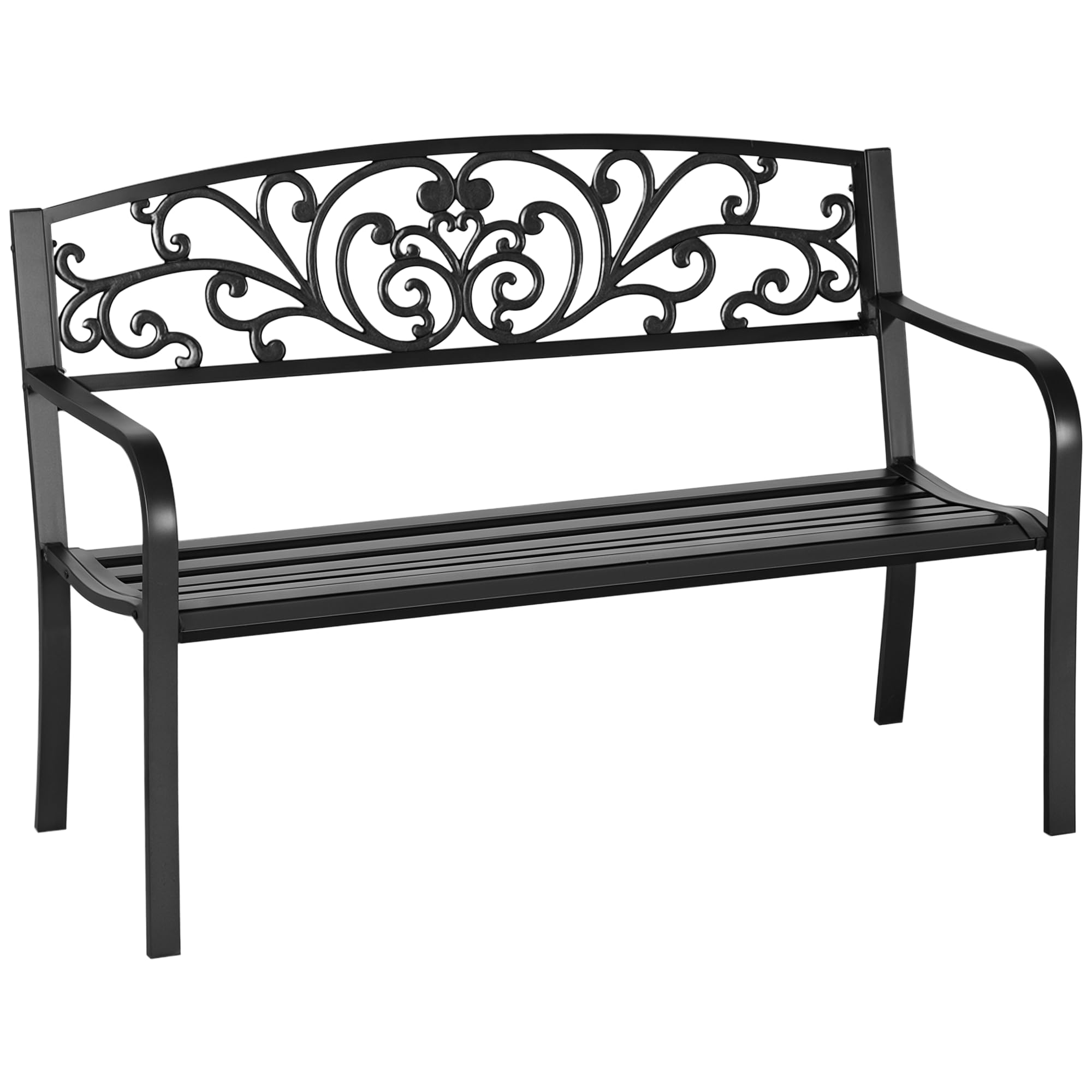 Outsunny Garden Bench, 2 Seater Metal Outdoor Bench Seat, Patio Loveseat with Armrests, Floral Backrest and Slatted Seat, 240 KG Capacity for Park, Porch, Black