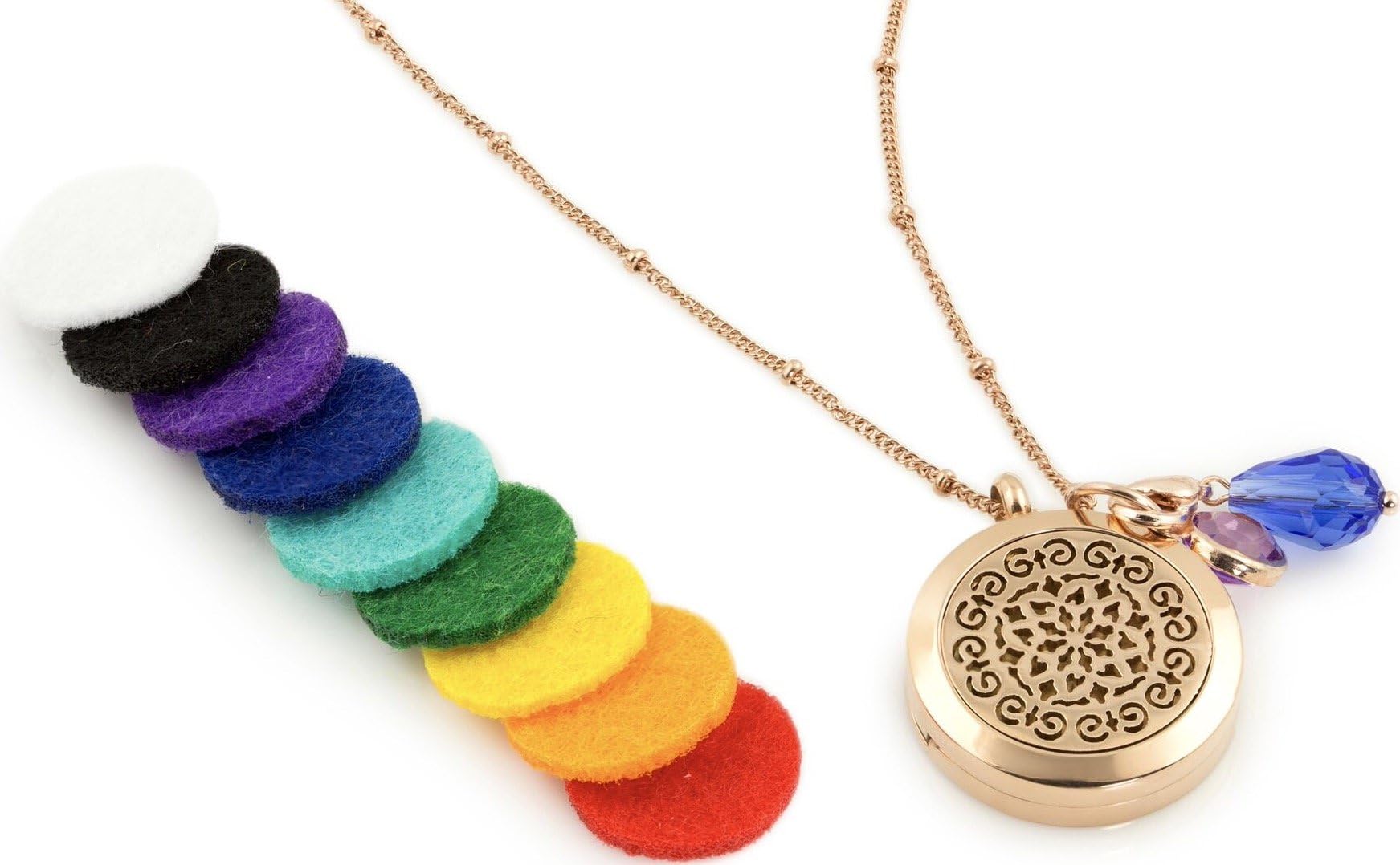 AromaLove London 1 Rose Gold Essential Oil Diffuser Necklace - Aromatherapy Jewelry - Hypoallergenic 316L Surgical Grade Stainless Steel, 20.8" Chain + 9 Washable Insert Pads + Charms