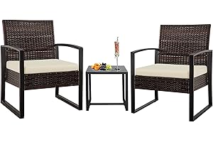 IJIALIFE 3 Pieces Patio Bistro Sets, Outdoor Wicker Furniture Set,Rattan Conversation with Coffee Table for Yard Balcony Garden,Beigen Cushion