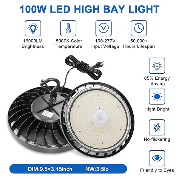 EILPASS LED SHOP LIGHTS 100W 16,000LM 5000K SUPER BRIGHT HIGH BAY SHOP LIGHTS WITH US CABLE PLUG IN FOR GARAGE WORKSHOP WAREHOUSE FACTORY BARN (100W 2PACK)