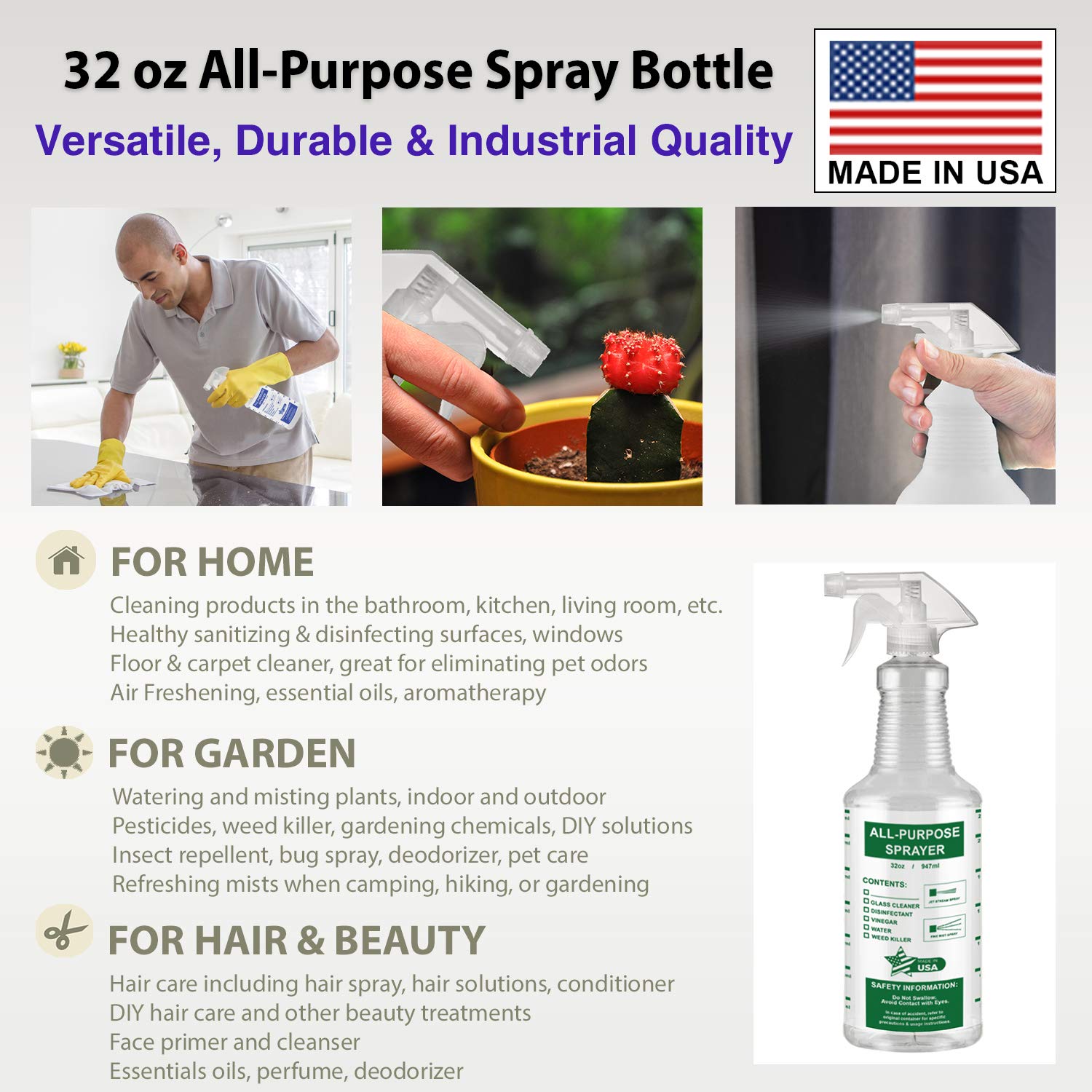 32 Oz All-Purpose Spray Bottles, Empty/Reuseable, Heavy Duty, Clear PET Plastic, Trigger Sprayer, Industrial Size, Chemical Resistant, Made in USA (3 Pack, Combo): Industrial & Scientific
