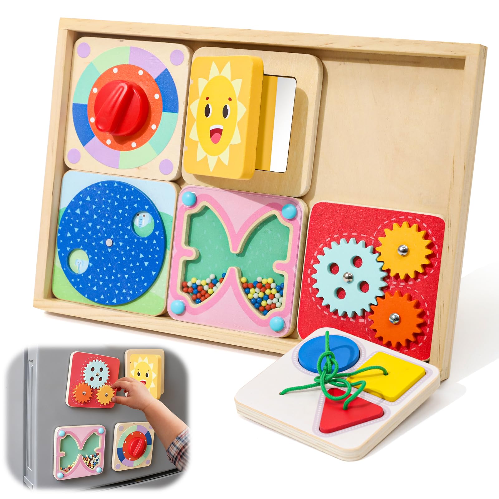 LZDMY Baby Wooden Montessori Toys for 1 2 3 Year Olds, Baby Sensory Toy Educational Busy Board with 6 Activity Boards, Toddlers Travel Toys, Boys Girls 1st Birthday Gifts