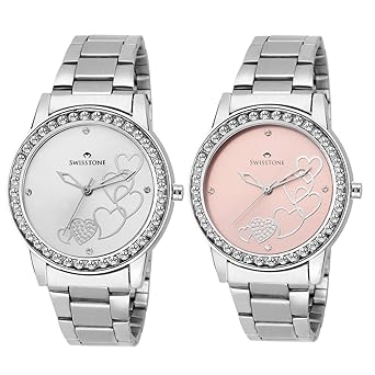 Swisstone Analogue Silver Dial Women's & Girl's Watch Combo -Cmb236-Slv-Pnk