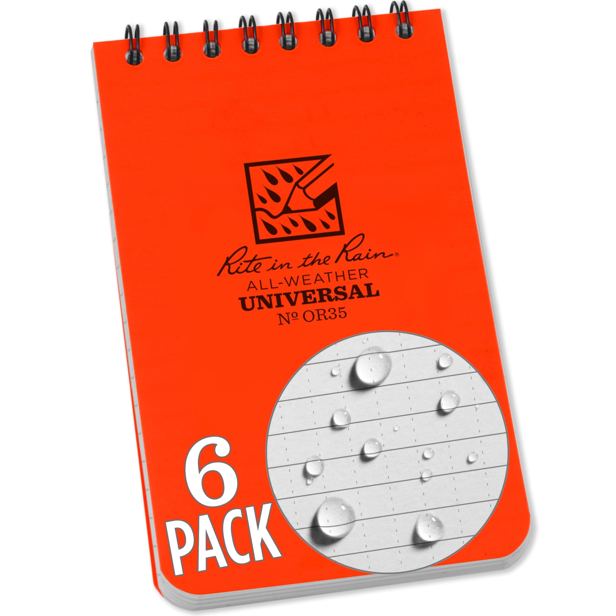Photo 1 of Rite in the Rain Weatherproof Top Spiral Notebook, 3" x 5", Orange Cover, Universal Pattern, 4 Pack (No. OR35L6) ONLY 4
