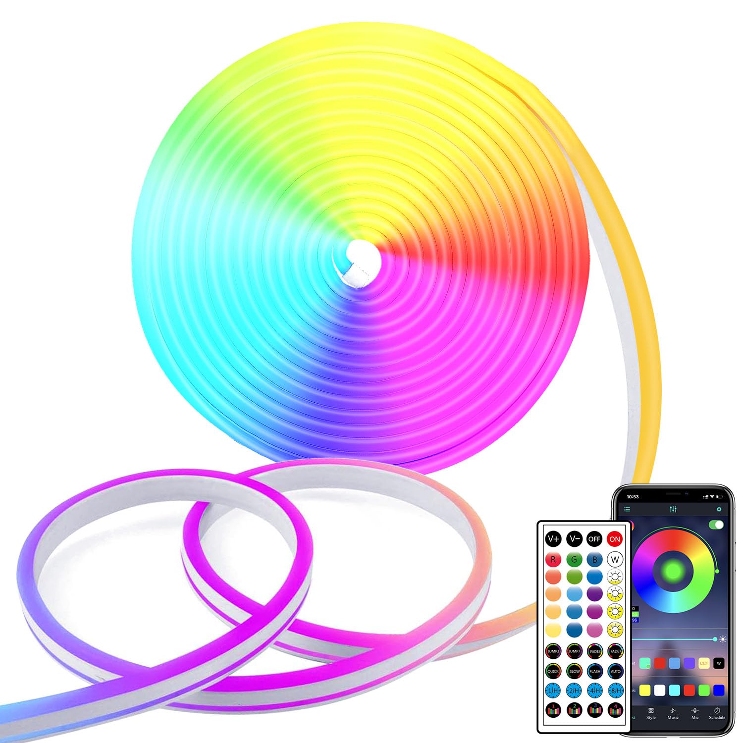 segrass 5M LED Strip with Remote/APP Control, 24V RGB LED Rope Light IP65 Waterproof Flexible Neon LED Strip Lights for Bedroom, Room, Outdoors Decor