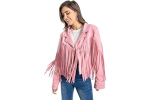 WELLATENT Fringe Jacket, Western Cowgirl Faux Suede Leather Jacket Tassel Crop Moto Top Country Concert Outfits for Women.