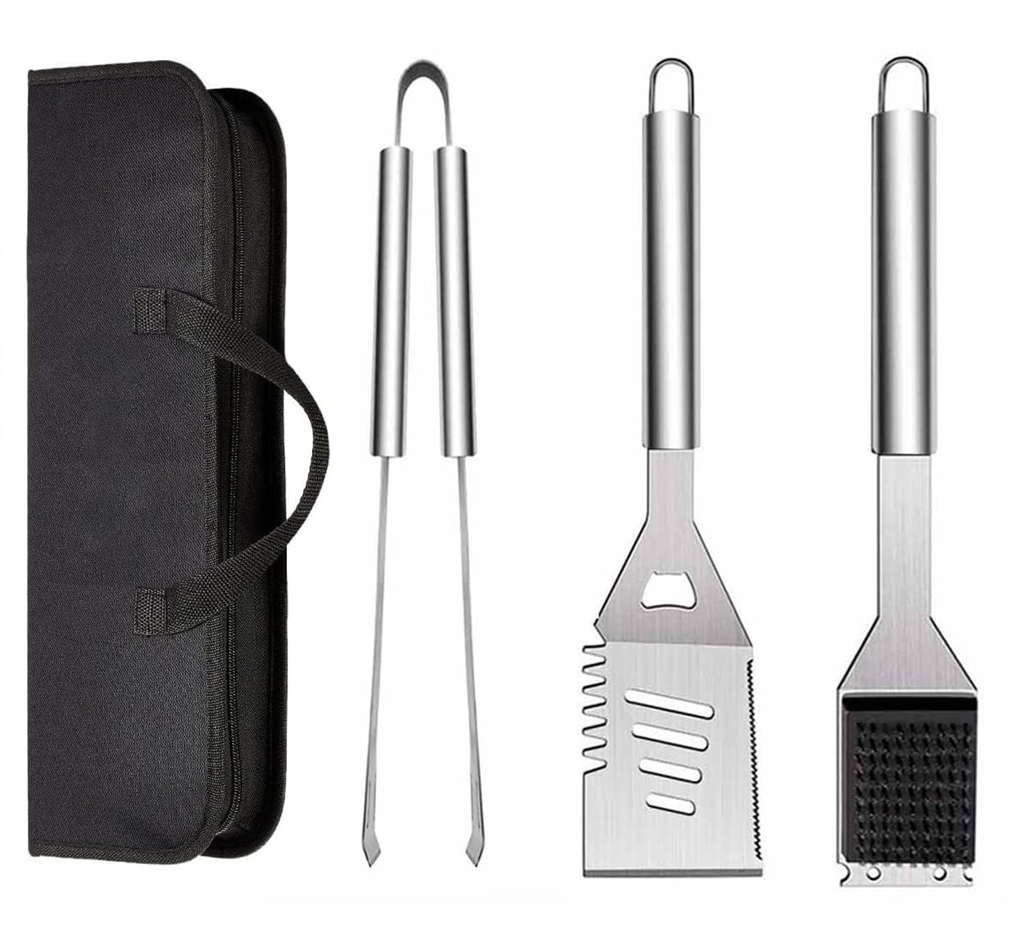 3 PCS BBQ Grill Tool Set, ZWMYF Stainless Steel Barbecue Grilling Utensils Kit with Carry Bag, ncluded spatula, tongs, cleaning brush and Carry Bagcase.