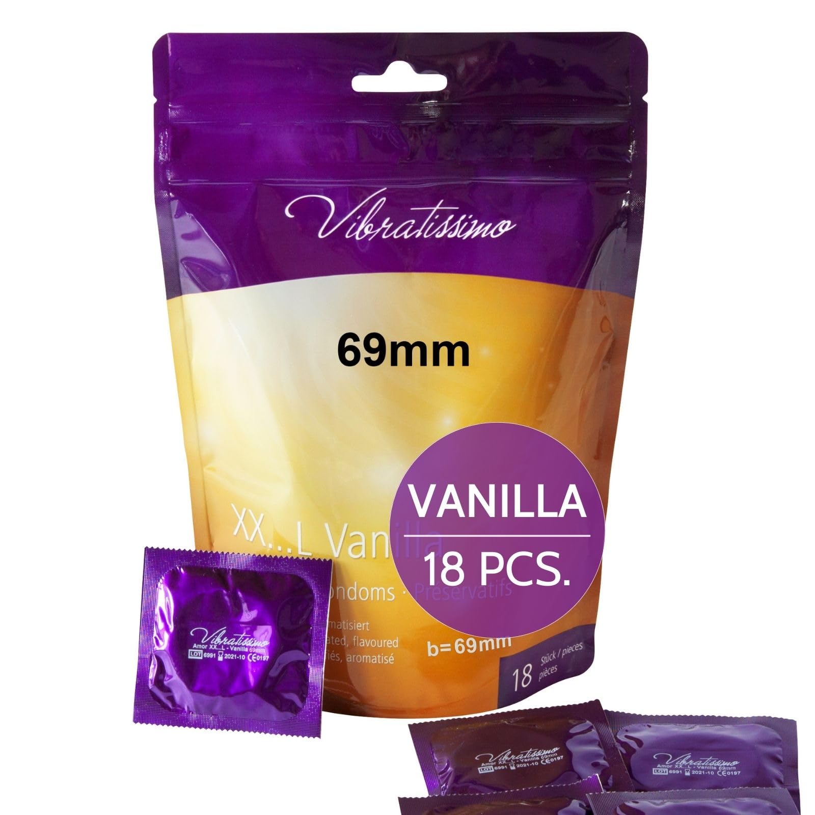 VIBRATISSIMO XXL Vanilla Condoms 18-Pack I Premium with Aroma I Kondoms for Men I Vanilla Flavored with Thin Wall Thickness & Aromatized I Thin Feel I w=69mm