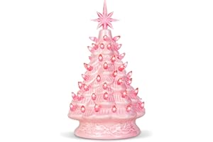Joiedomi 12" Pink Ceramic Christmas Tree, Prelit Tabletop Christmas Tree Decoration with Extra Pink Top Star & Bulbs with LED Lights for Best Desk Decoration Xmas Tabletop Decor Indoor Home