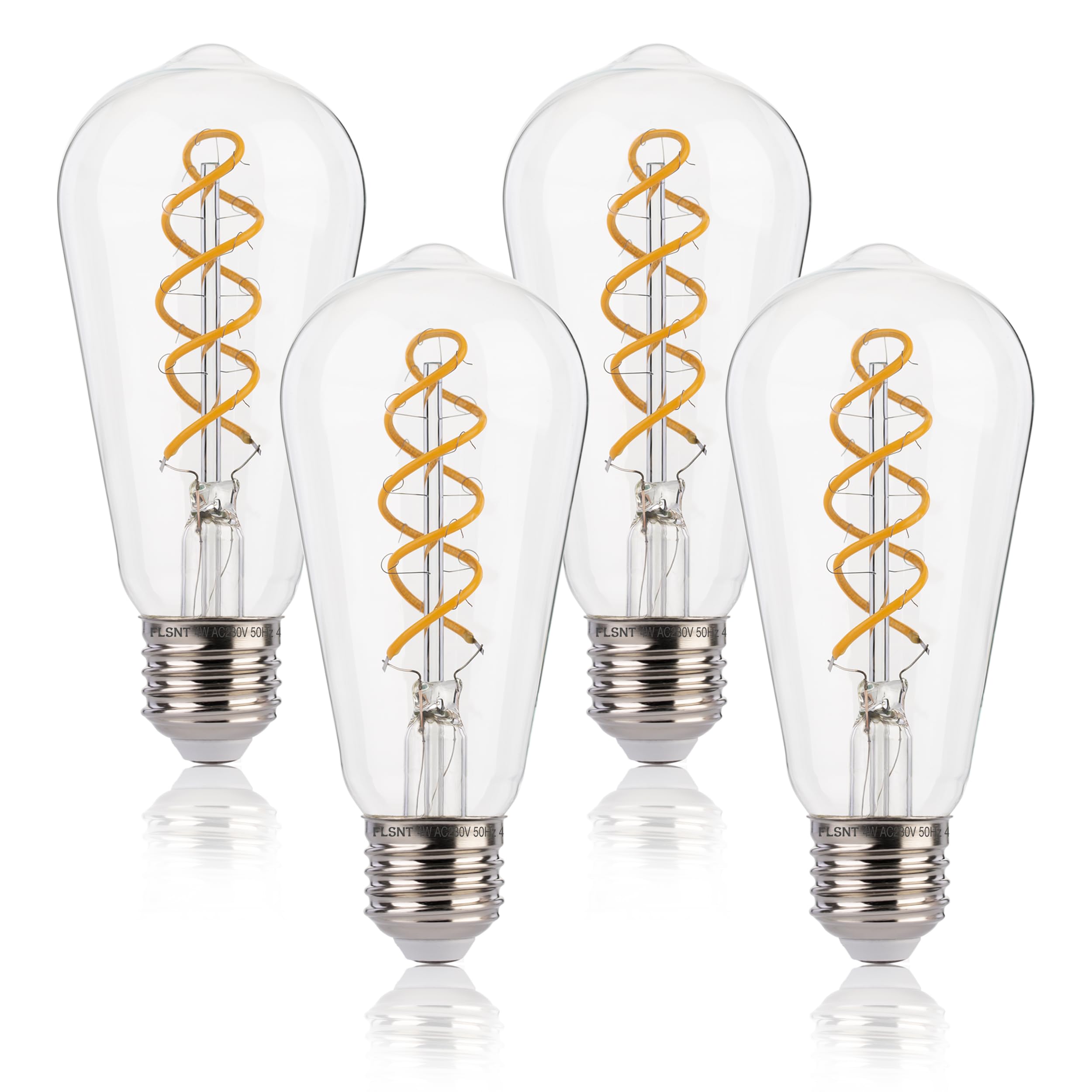 FLSNT LED Edison Bulb,ST58 Vintage Spiral Filament Light Bulb Dimmable 4W(40W Equivalent),E27 Screw Base,2200K Warm White,Clear Glass,4 Pack