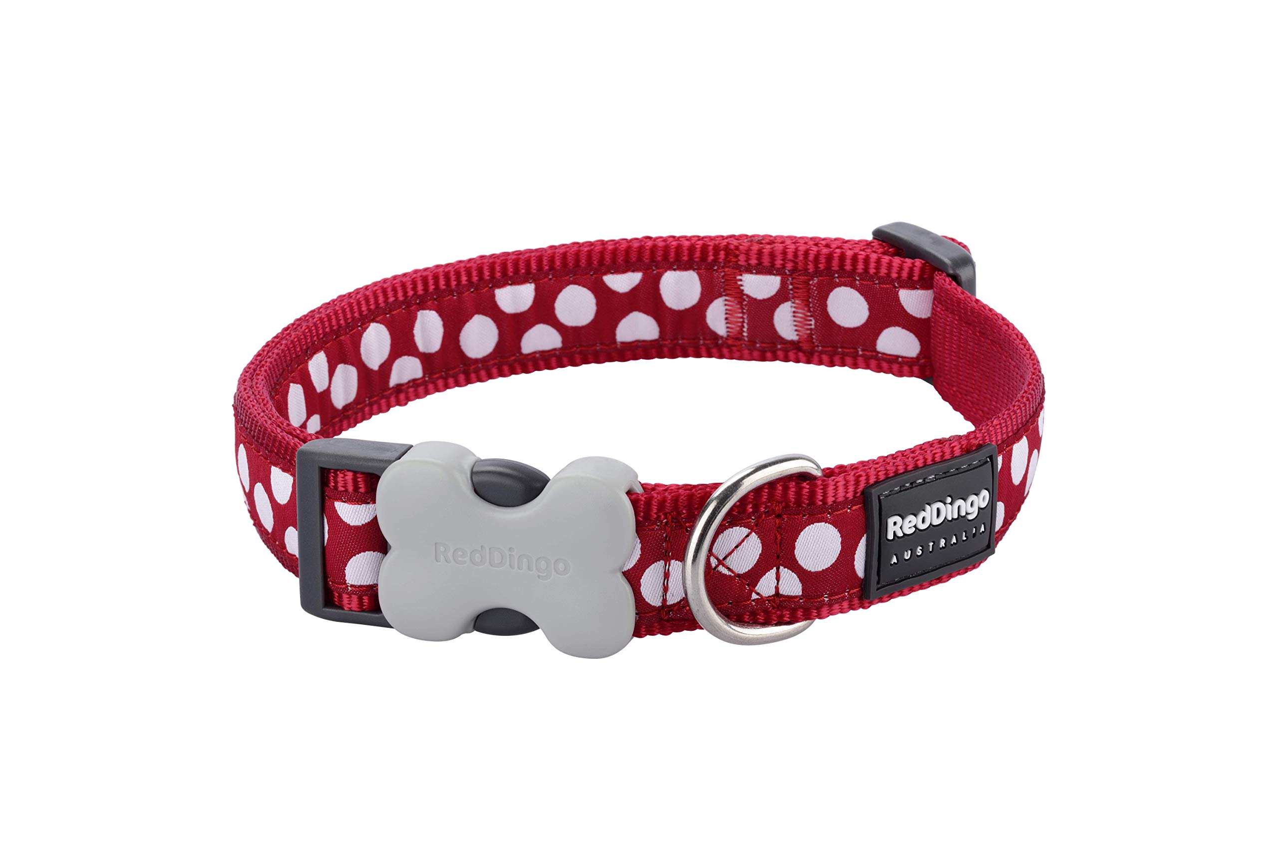 Red Dingo Bucklebone Dog Collar Design, White Spots on Red, Small 15mm
