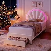 Girls Twin Upholstered LED Bed Frame with Petal Headboard &amp; Storage, Beige | Adjustable Headboard w/Double-Petal Style,Soft Velvet,Large Drawer,Needn't Box Spring,Easy Assembly,No-Noise,for Girl Bedroom