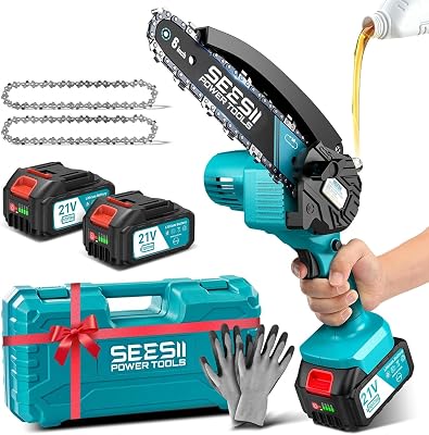 6'' Mini Motosierra Bateria 8000mAh, Motosierra Eléctrica Bateria con Depósito Para El Aceite y Cadena Reemplazable, Motosierra Inalámbrica Portátil para Podar Árboles de Jardinería