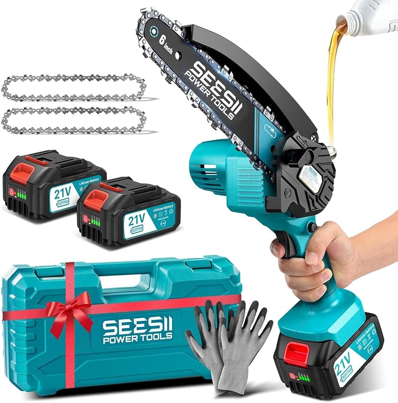 6'' Mini Motosierra Bateria 8000mAh, Motosierra Eléctrica Bateria con Depósito Para El Aceite y Cadena Reemplazable, Motosierra Inalámbrica Portátil para Podar Árboles de Jardinería — foto 1 de 8