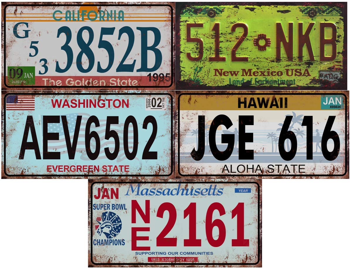 OPO 10 - Se of 5 USA car registration plates in metal, with aged effect - replicas of real American plates (Old2)