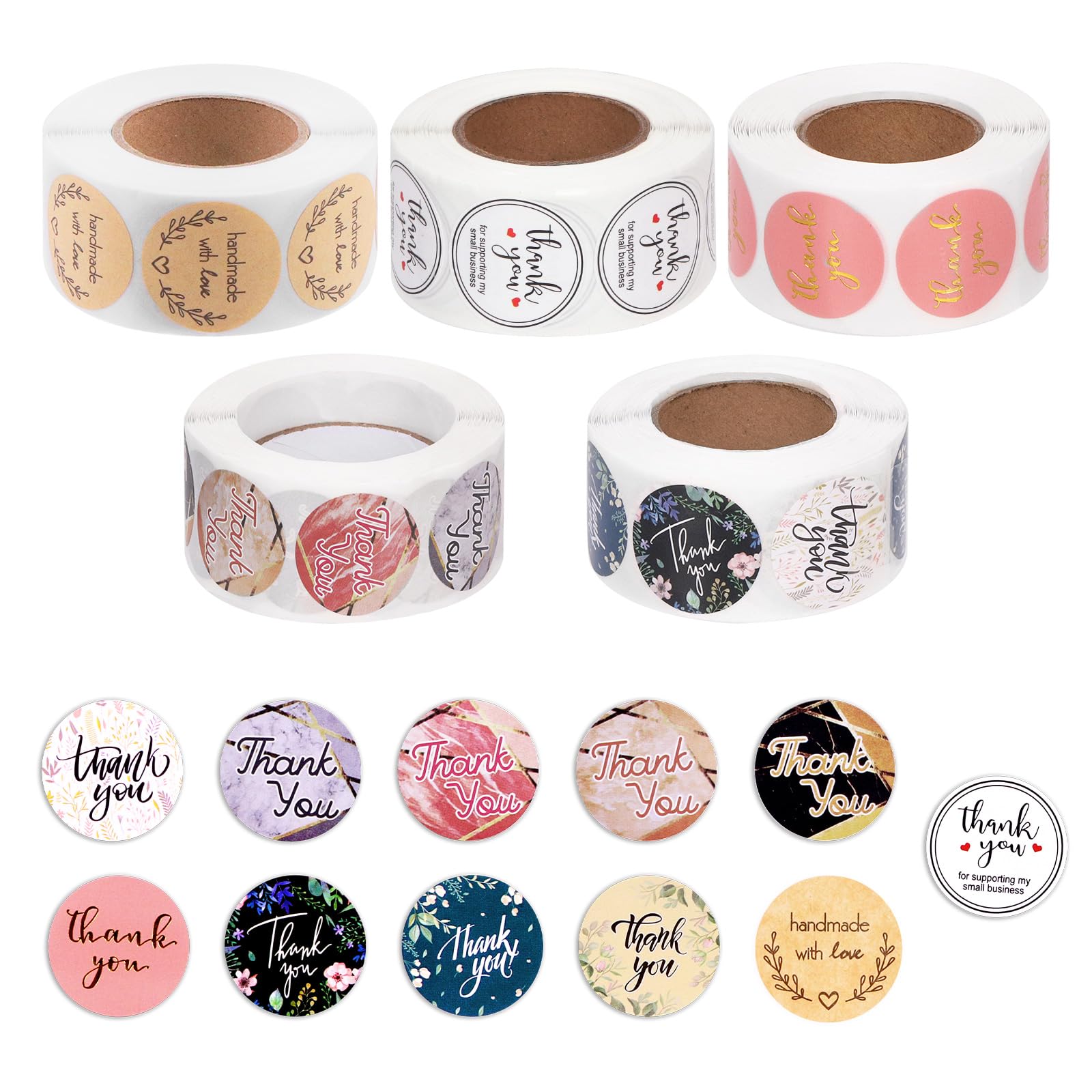 Mardatt 2500pcs 5 Rolls Handmade Small Shop Stickers - Thank You Stickers & Labels, Flower Designs for Packing, Gift Wraps