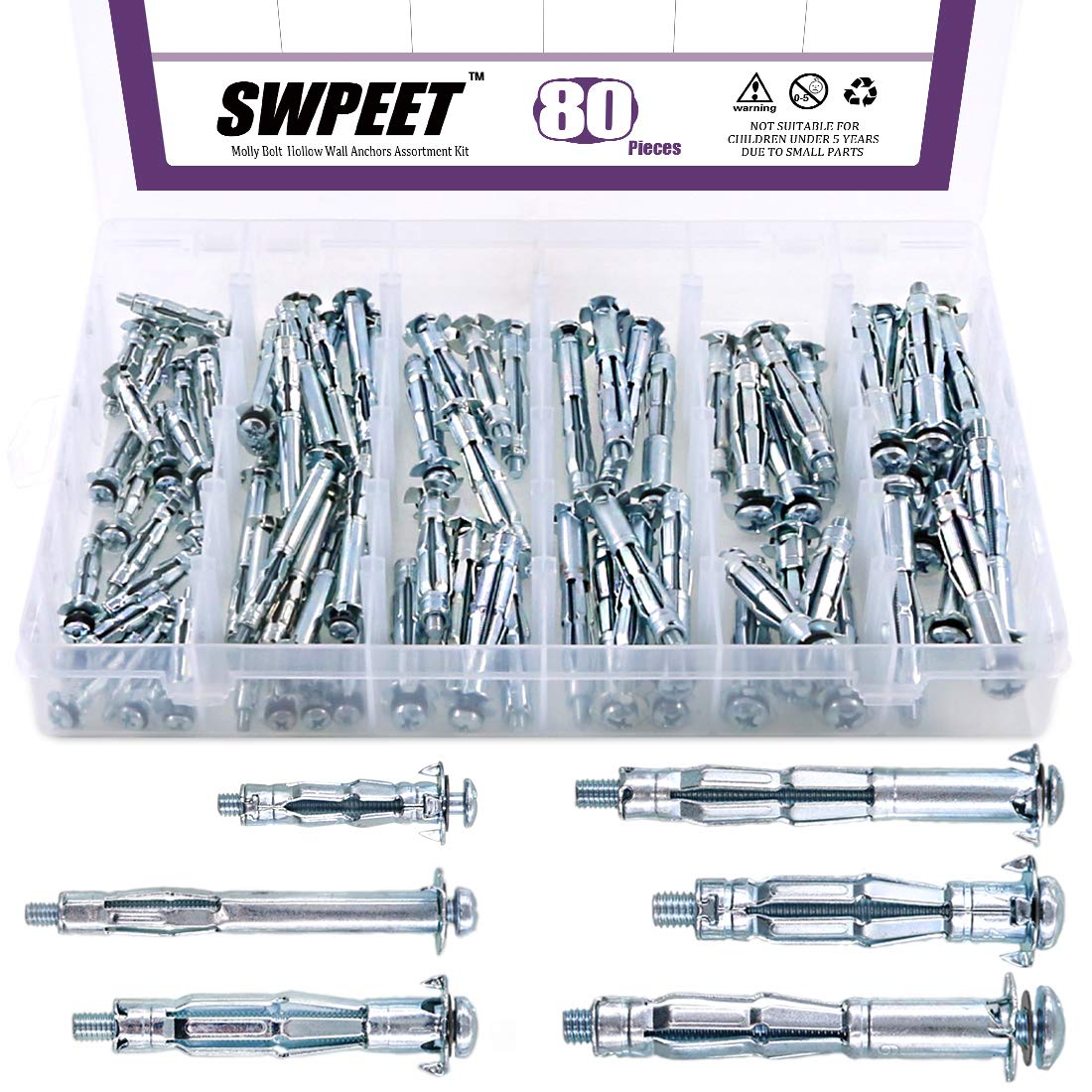 Photo 1 of 80Pcs Molly Bolt Assortment Kit, Hollow Wall Anchors Perfect for Secure Drywall, Sheetrock and Paneling to Walls or Ceilings - M4×32, M4×60, M5×52, M5×65, M6×52, M6×65 (Assortment Kit)