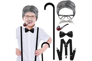JKHYCF 100 Days of School Costume for Boys Old Man Costume for Kids Old Man Wig for Kids Grandpa Costume with Mustache, Cane, Glasses and Pipe 100th Day of School Dress Up Accessories Old Man Costume for Kid