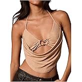 OYOANGLE Women's Tie Open Back Halter Top Metal Ring Draped Front Sexy Rave Club Party Y2k Going Out Crop Tank Tops
