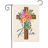 Heyfibro Easter Jesus Religious Garden Flag He Is Risen Easter Cross Spring Yard Flags 12 x 18 Inch Double Sided Burlap Christian Nativity Banner for Easter Spring Outdoor Decoration(ONLY FLAG)