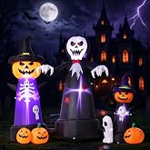 9FT Halloween Inflatables Outdoor Decoration, Giant Skull Ghost with Pumpkin Wizards Inflatable with LED Lights, Spooky Blow Up Yard Decor for Garden Lawn Party Holiday