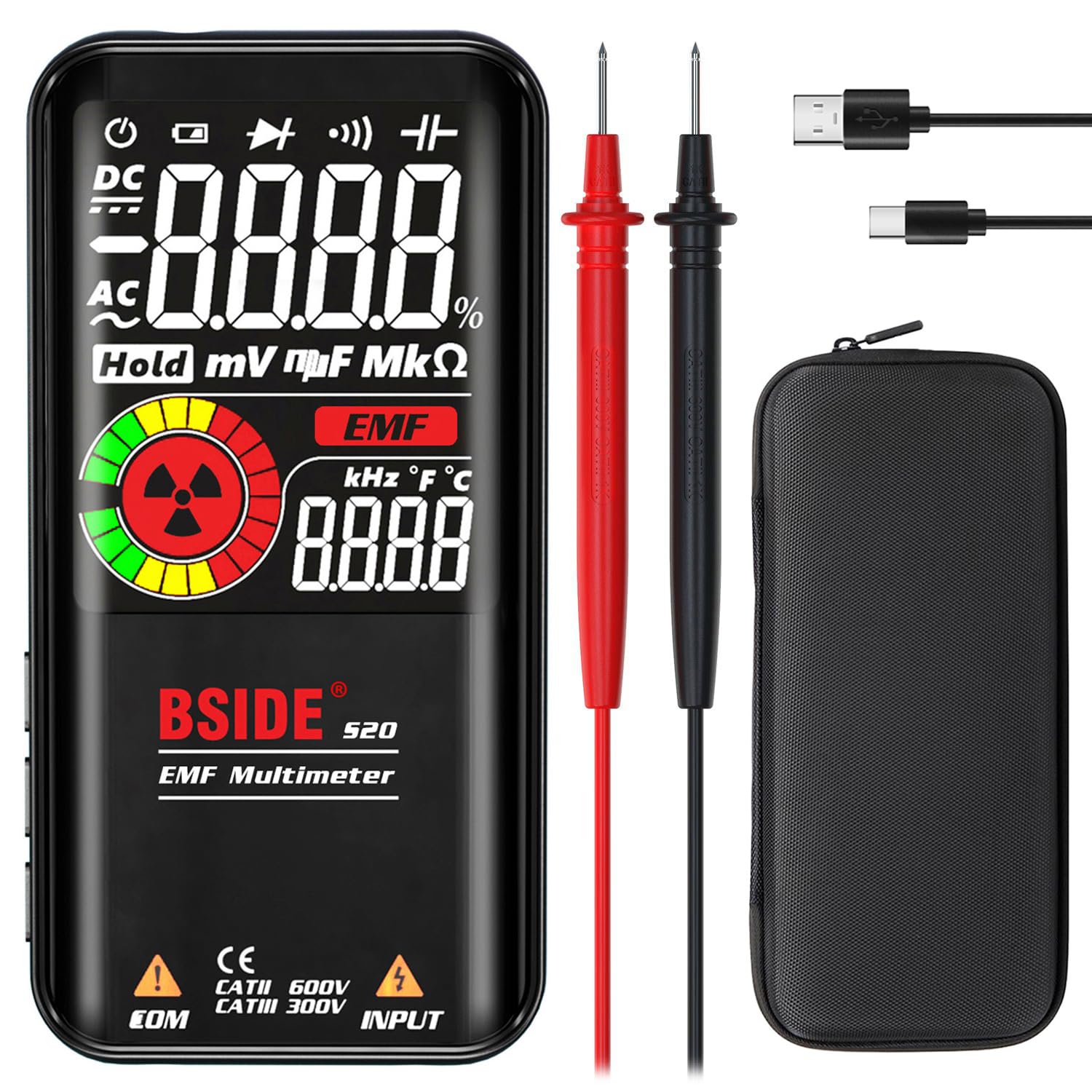 BSIDE S20 Smart Digital Multimeter Rechargeable Auto Range Voltmeter with EMF Detector Large Colour Display 9999 Counts High Speed Voltage Diode Resistance Capacitance Frequency Tester with Case