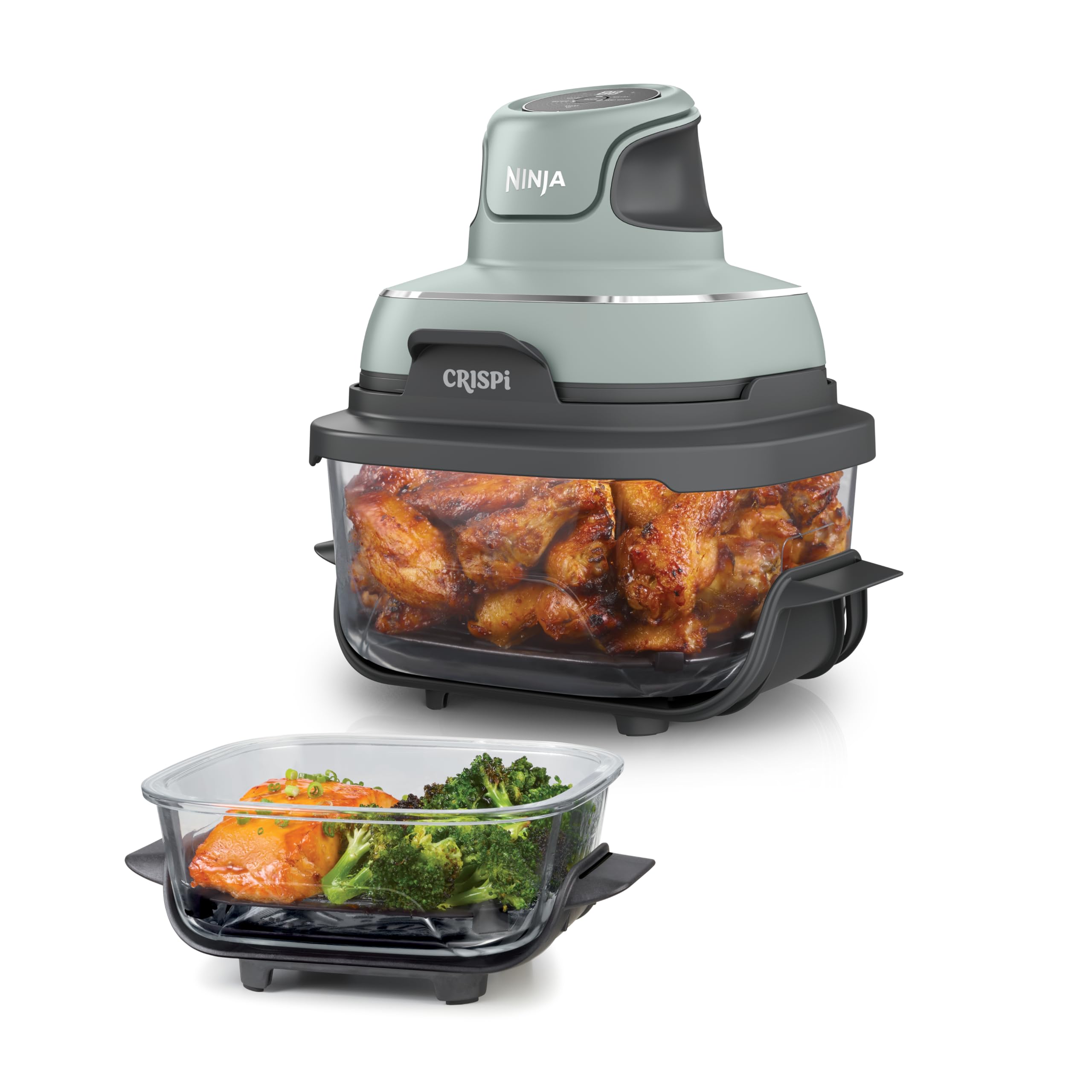 Ninja CRISPi tragbare Air fryer Heißluftfritteuse, 3,8 l, 4-in-1: Heißluftfrittieren, Braten, Warmhalten, Recrisp, kompakt, 6 Portionen, 2x herausnehmbare Glasbehälter & Deckel, 1700 W, Sage FN101EUSG