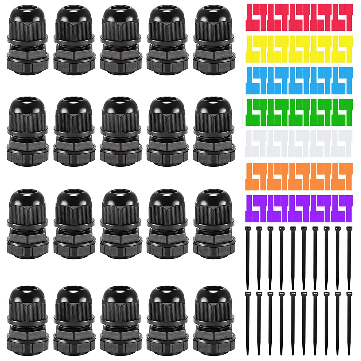 Youmile 20 Pcs PG7 Waterproof Cable Gland IP68 Adjustable 3-6.5mm Nylon Plastic Seal Wire Connector for Junction Box with 7 Pcs Cable Labels, 20 Pcs Wire Ties