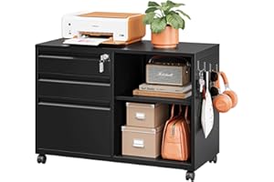 LISSIMO 3 Drawer File Cabinet with Lock,Mobile Lateral Filing Cabinet,Metal Printer Stand Storage Cabinets with Shelves for Home Office(Black)