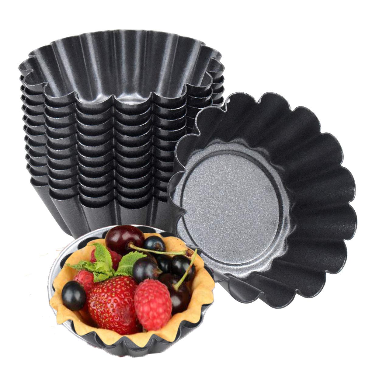 Fangehong 14 Pack Egg Tart Mold Baking Cups, Non-Stick Flower Muffin Case, Resuable Cupcake Tart Mould, Carbon Steel Mini Tartlet Tins for Pudding,Pan Baking, Bakeware,Cookies Cake Tool (7.5 x 2.3cm)