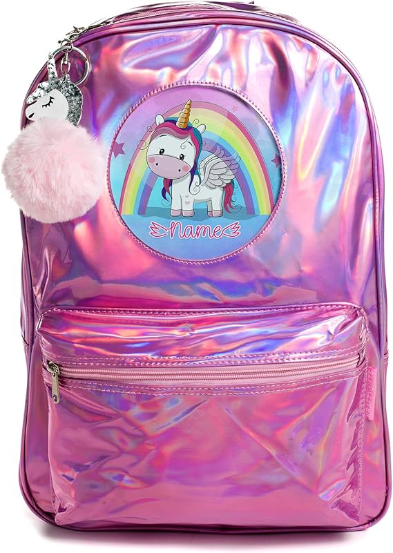 Unicorn Girls School Bag Personalised Shiny Pink Backpack Holographic