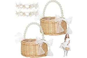 ETNORSU 2 Set Wicker Flower Girl Basket & Headpiece, Willow Handwoven Basket with Pearl Handle and Bow Fairy Flower Basket,Wedding Flower Girl Hair Accessory Pearl Headband for Women