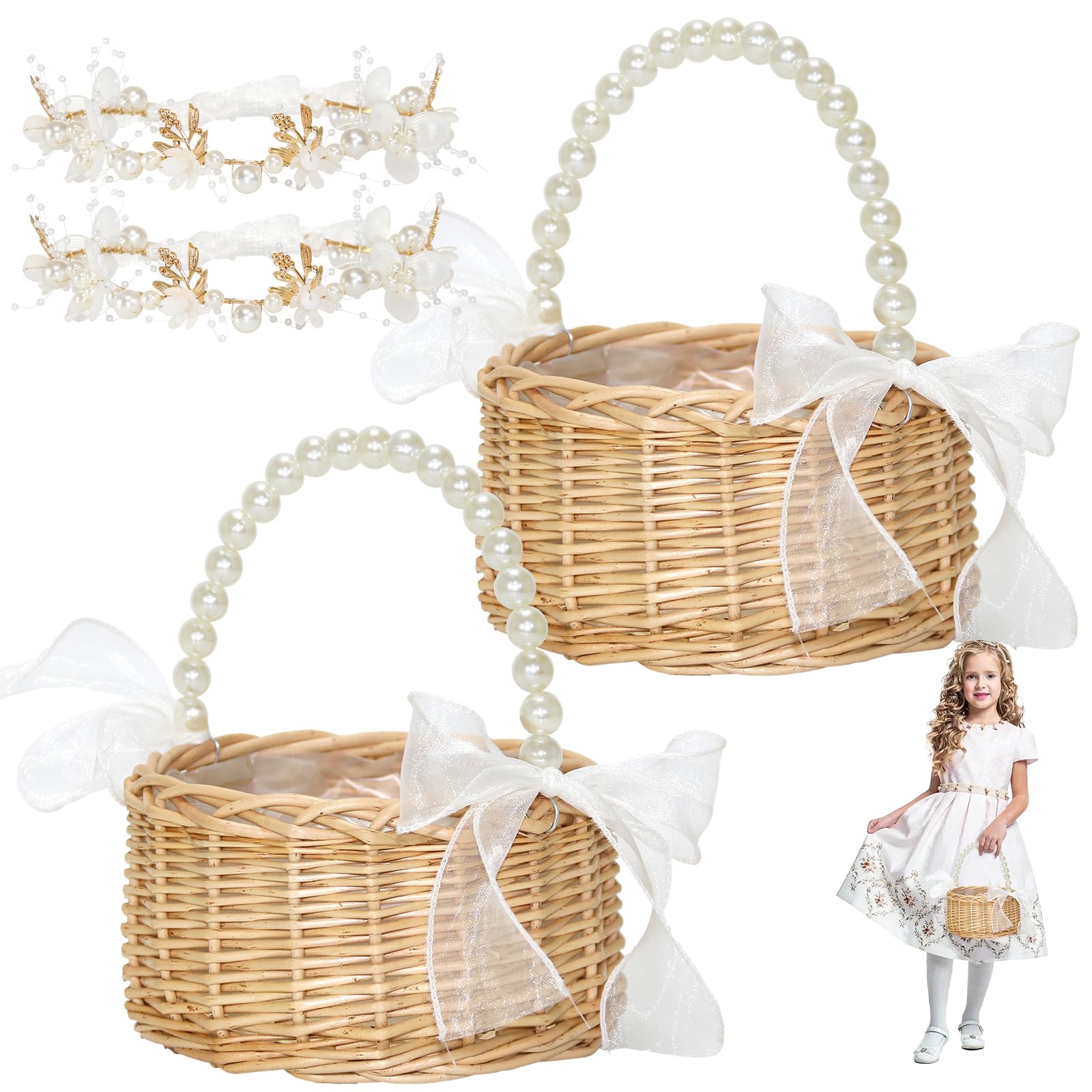 Photo 1 of 2 Set Wicker Flower Girl Basket & Headpiece, Willow Handwoven Basket with Pearl Handle and Bow Fairy Flower Basket,Wedding Flower Girl Hair Accessory Pearl Headband for Women