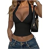 SOLY HUX Women's Halter Crop Top Sleeveless Deep V Neck Open Back Summer Tight Tank Tops