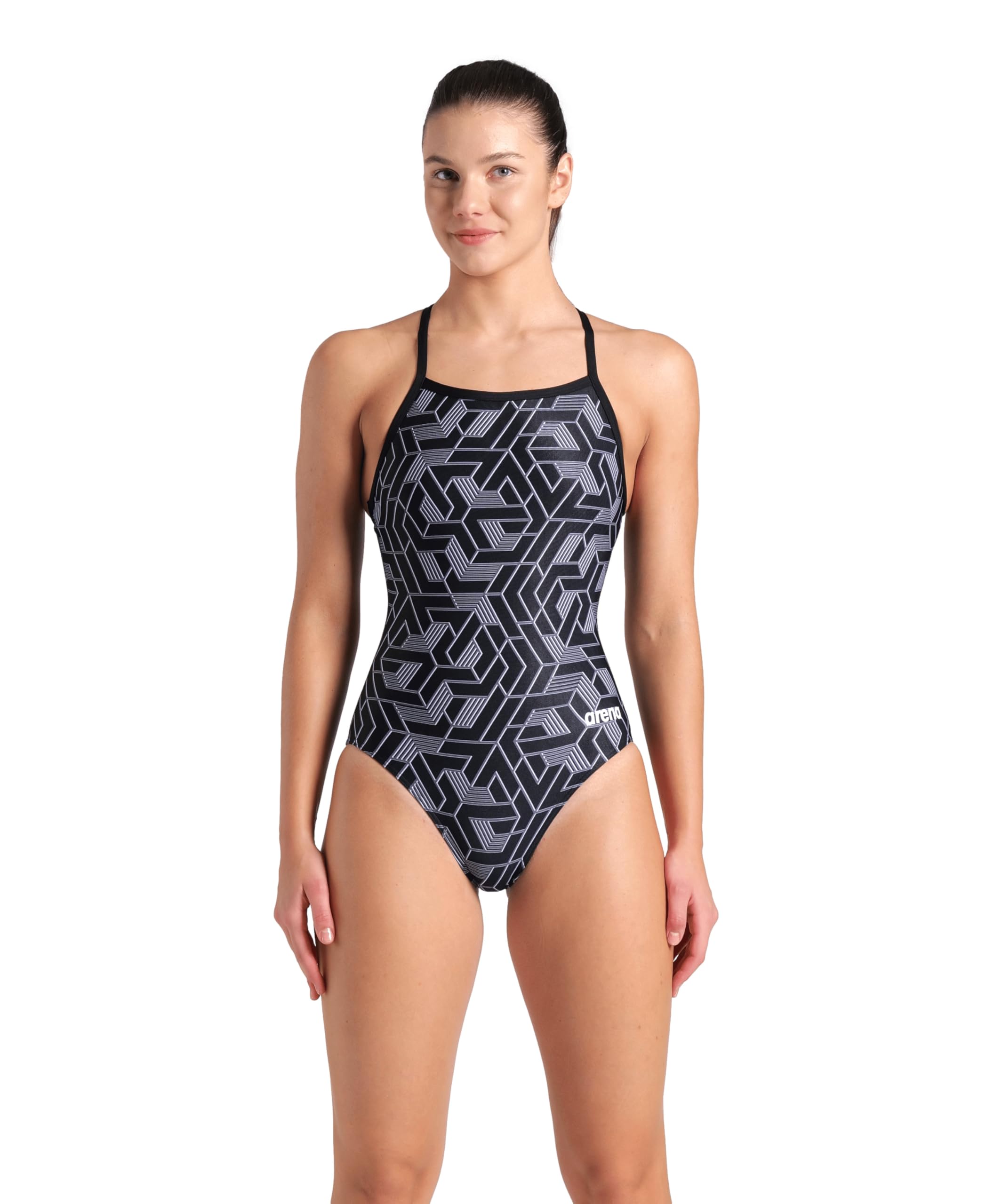 ARENA Women’s Escape Team Print MaxLife Swimsuit Light Drop Back One Piece Ladies Bathing Suit Competition Training Athletic Swimwear, Black/Team Black, US Size 22