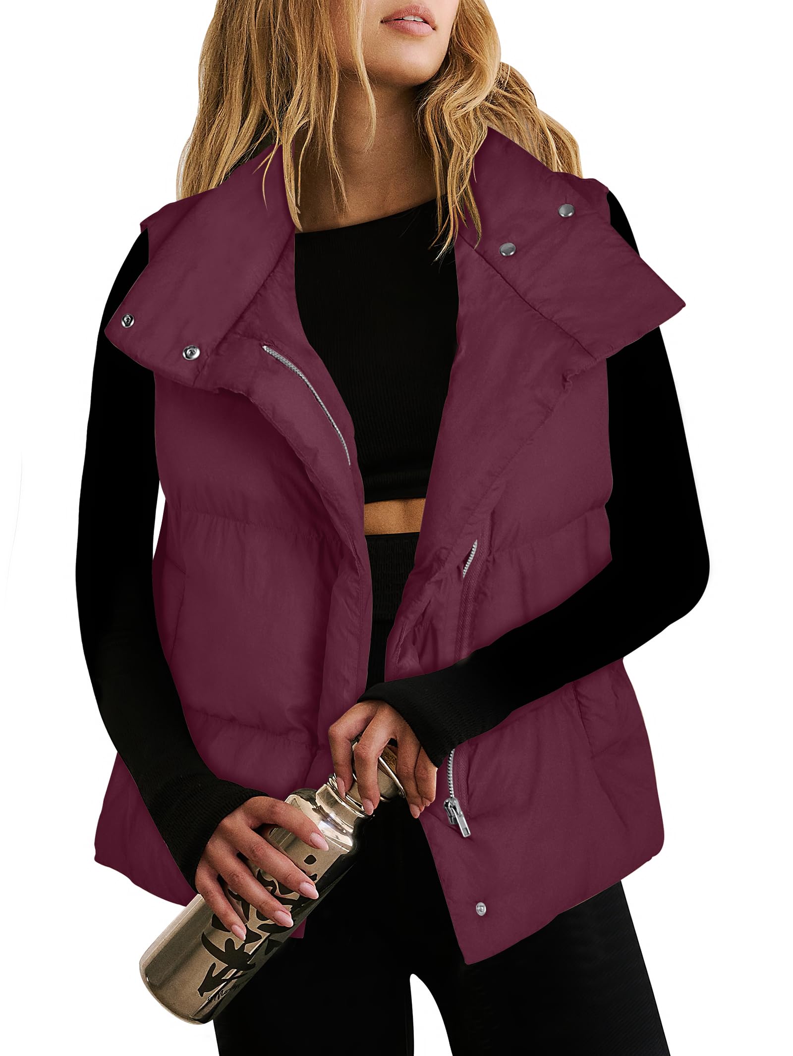 Photo 1 of ANRABESS Women Puffer Vest Sleeveless Zip Up Stand Collar Quilted Lightweight Jacket Winter Warm Puffer Padded Down Outerwear Red X-Large