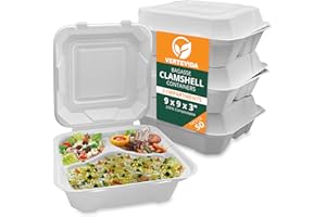 VerteVida 3-Compartment Clamshell Take Out Containers [50 Pack] 9x9 - Divided Disposable Food Containers with Hinged Lid, To 