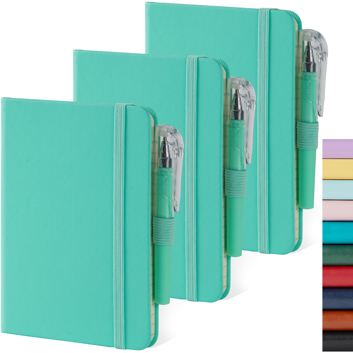 3 Pack Small Pocket Journal Notebook 3.7" x 5.7" with Pen, A6 Mini Cute Notepad for Women/Men, 408 Pages, 100Gsm Lined Paper Note Pads, Leather, Green