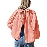 Tankaneo Womens Babydoll Tops Puff Long Sleeve Open Back Bow Tie Blouses Bubble Mock Neck Pleated Shirts