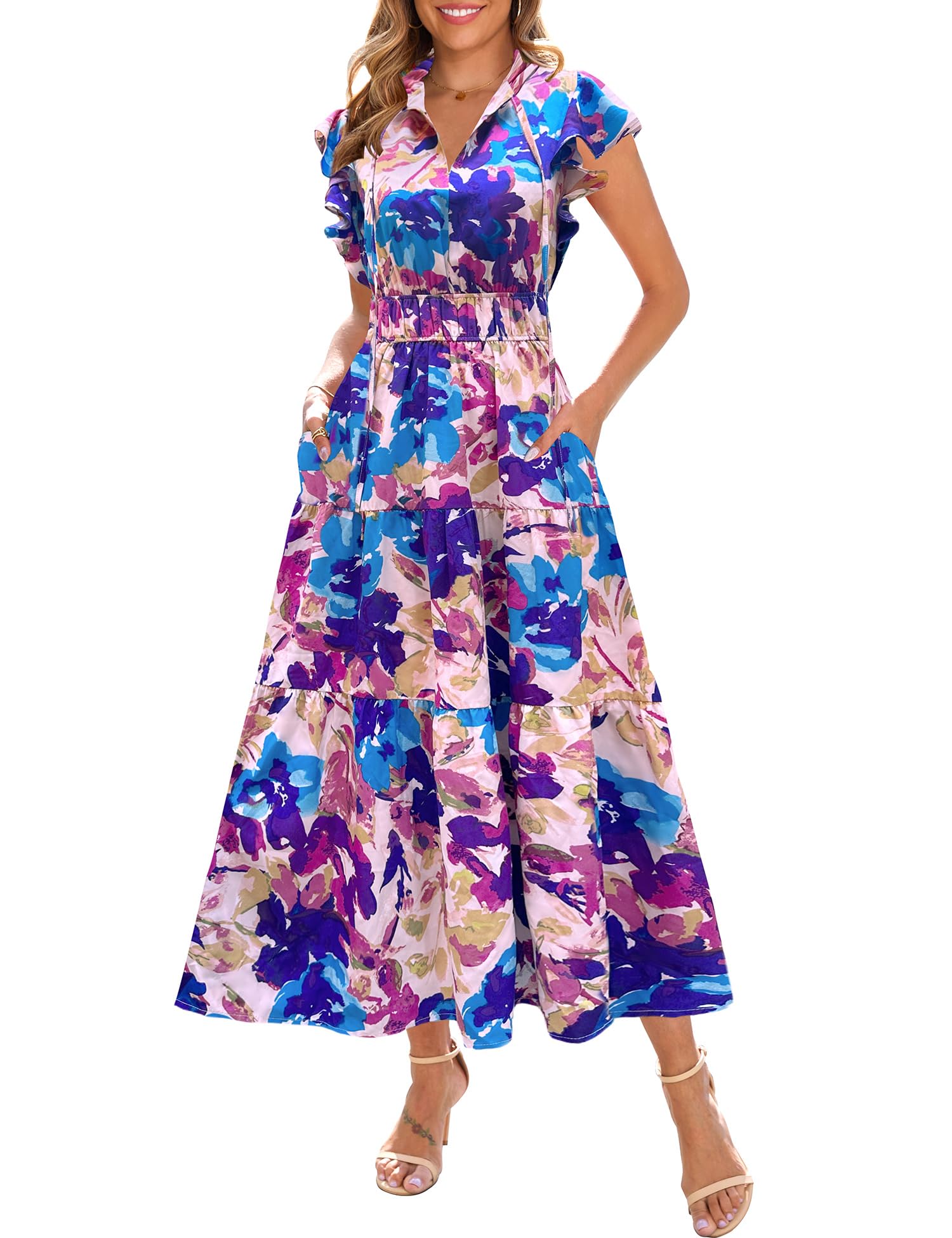 Photo 1 of (small) Kranda Summer Dresses for Women 2025 Fall Selftie V Neck Short Ruffle Cap Sleeve Ruched High Waist Casual Swing Flowy Boho Long Beach Tiered Floral Maxi Dress with Pockets Purple Blue Rose Small