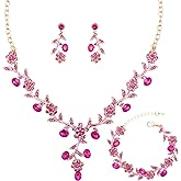 SFE Elegant Austrian Crystal Bridal Bridesmaid Wedding Jewelry Flower Leaf Necklace Dangle Earrings Link Bracelet Jewelry Set for Women(Pink-Gold Plated)