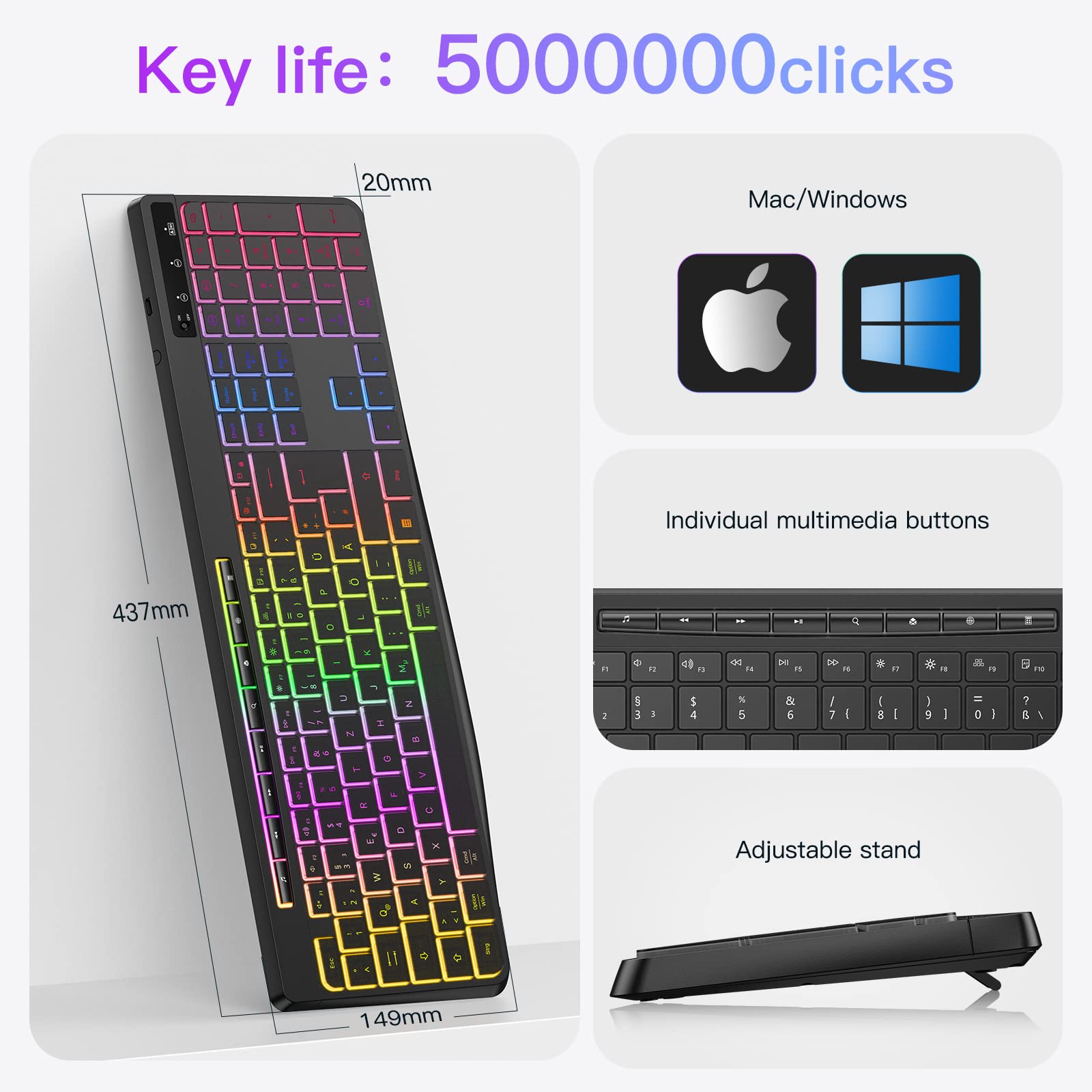 TECURS Tastatur Kabellose Gaming - Leise Tastatur QWERTZ Beleuchtet Ergonomisch Wasserdicht, 2.4Ghz Led Keyboard für Windows/Mac /PS4/ Xbox mit Multimedia-Tasten Schwarz 5