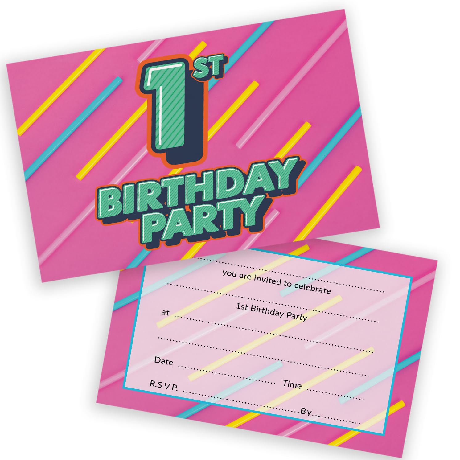 1st Birthday Party Invitations Kids - Funky Colours 20 Pack - Childrens Birthday Invitations for Boys/Girls A6 Bday Party Invites Invitation Cards with Folding Envelopes