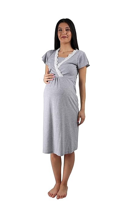 M.M.C. MamiMode Umstands-Nachthemd mit Stillfunktion und Spitze Detail - Pyjama für Schwangere Damen Stillshirt Kurzarm
