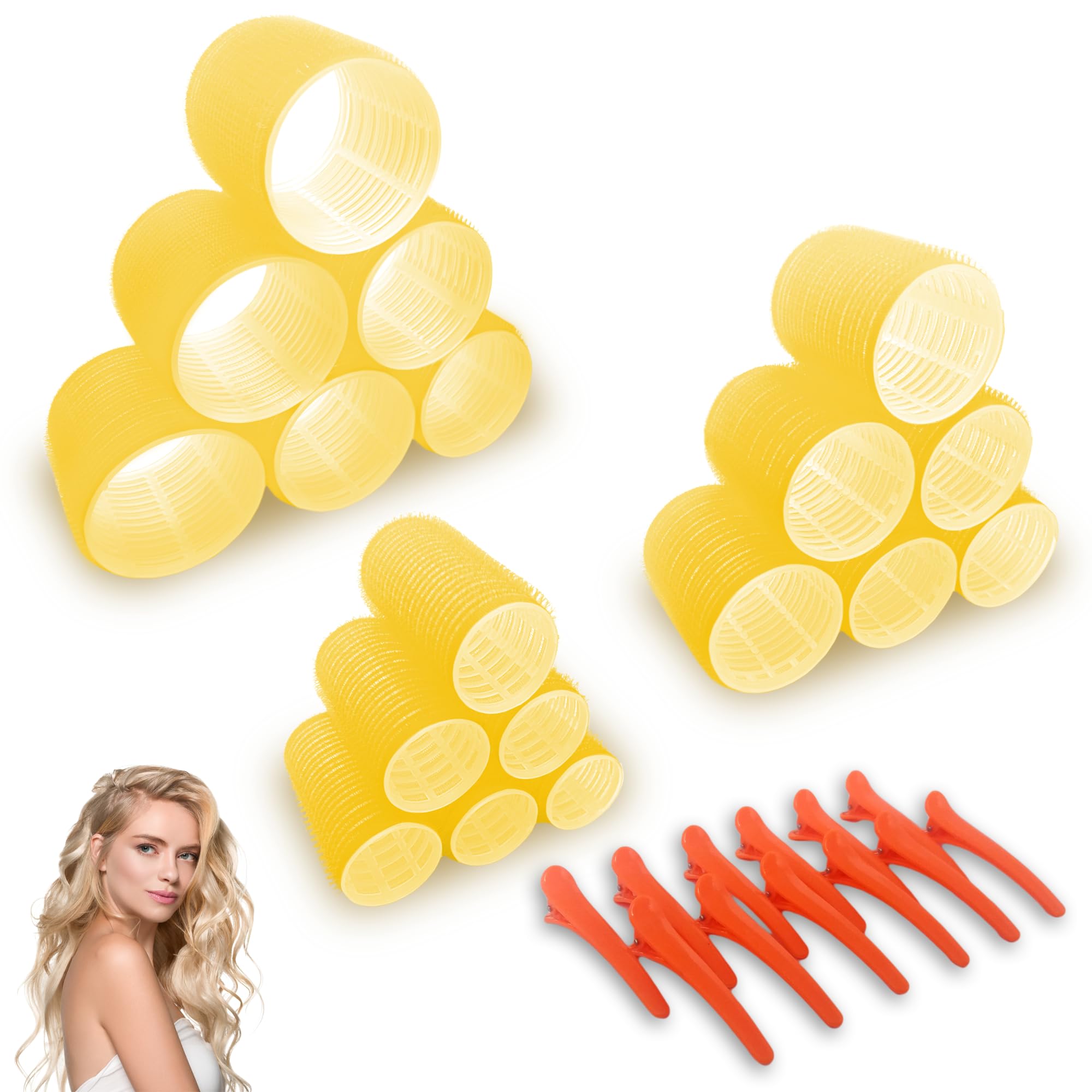 Large Hair Rollers with Clips - Self Grip Jumbo/Big Curlers Rollers for Hair Volume, 18 Pack, 3 Sizes (6 Pcs Each) with 12 Hair Roller Clips